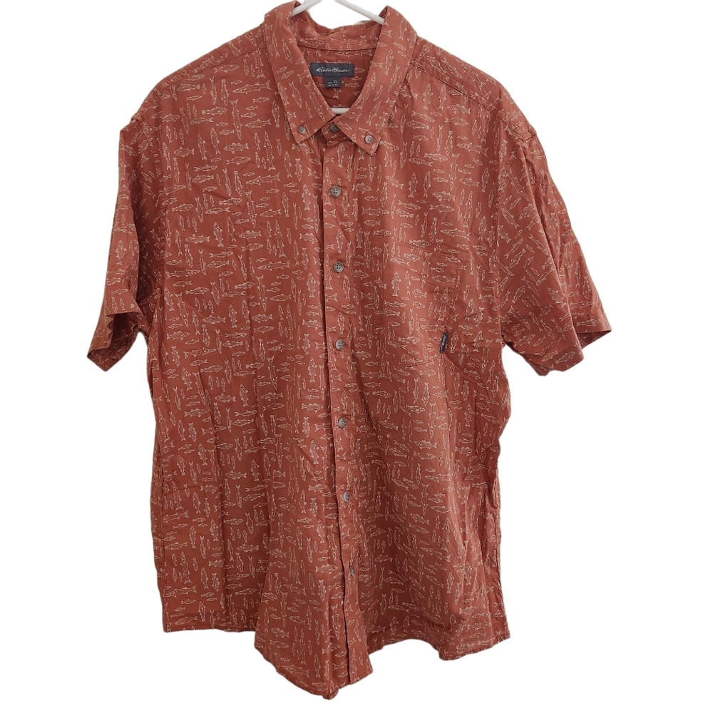 Eddie Bauer Mens Orange Fish Casual Button Down Camp Shirt Short Sleeve Size XL